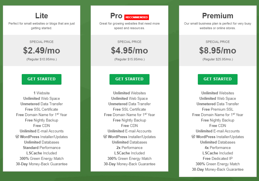 GreenGeeks Pricing plans